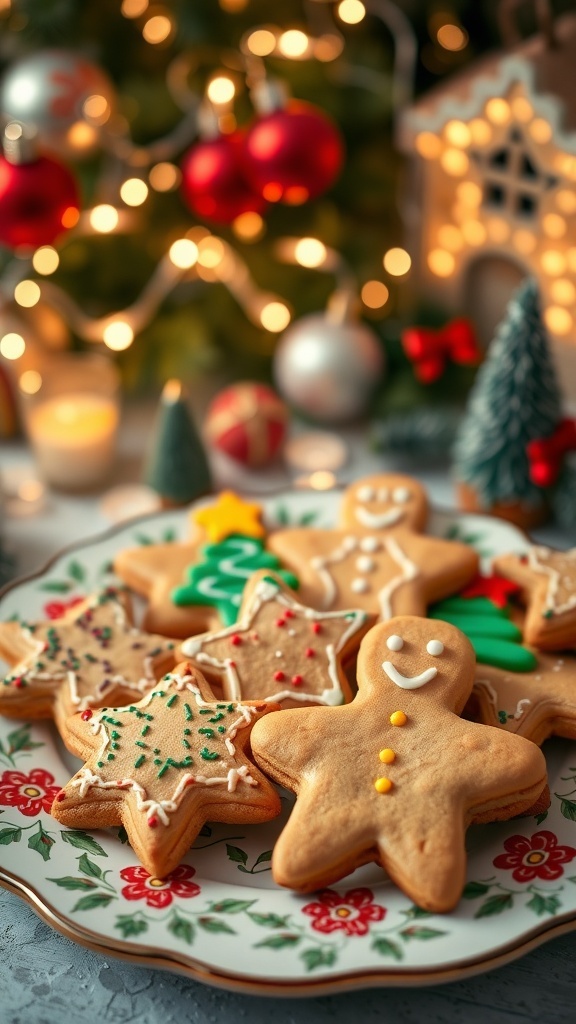 A plate of decorated Christmas cookies in festive shapes, surrounded by holiday decorations and lights.